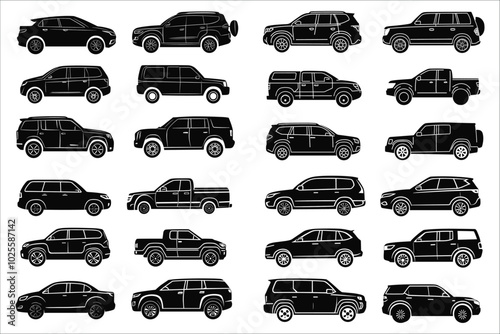 Vector car silhouettes collection. Vector illustrations of car silhouettes. Vehicles silhouettes vector art. Various types car vector silhouettes. Silhouettes of different types cars vector