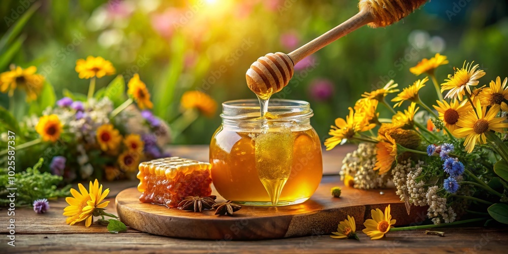 Golden Honey Flowing from a Wooden Dipper into a Jar Surrounded by Wildflowers and Honeycomb in a Natural Golden Honey Flowing from a Wooden Dipper into a Jar Surrounded by Wildflowers and Honeycomb in a Natural