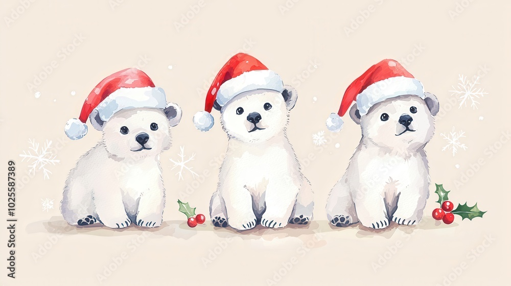 Three cute polar bear cubs wearing Santa hats, festive scene. Three cute polar bear cubs wearing Santa hats, festive scene.