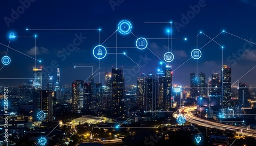 Wallpaper Mural A futuristic city skyline illuminated at night, featuring digital connections and data visuals representing smart technology. Torontodigital.ca