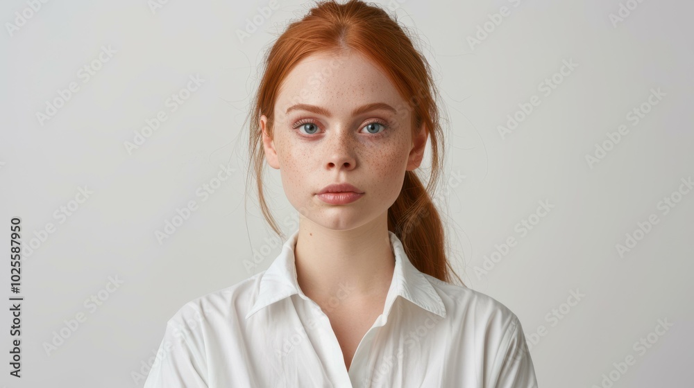 A woman with bright red hair and a calm demeanor, dressed in a white shirt against a simple backdrop. A woman with bright red hair and a calm demeanor, dressed in a white shirt against a simple backdrop.