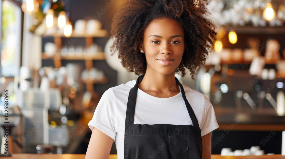 A confident young woman with curly hair poses in a bright cafe, dressed in a white tee and apron, engaging with the camera. A confident young woman with curly hair poses in a bright cafe, dressed in a white tee and apron, engaging with the camera.