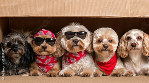 Cool Dogs in Sunglasses and Bandanas Posing in a Cardboard Box photo