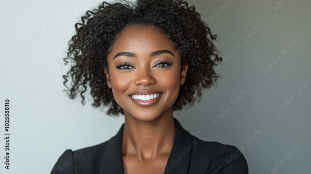 A joyful black businesswoman celebrates her success, radiating confidence and professionalism in a bright smile. A joyful black businesswoman celebrates her success, radiating confidence and professionalism in a bright smile.