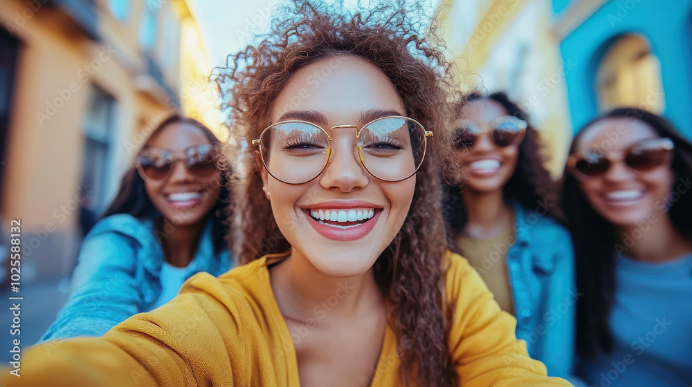 A group of joyful friends capture their fun day outdoors, showcasing their cheerful smiles against an urban backdrop. A group of joyful friends capture their fun day outdoors, showcasing their cheerful smiles against an urban backdrop.