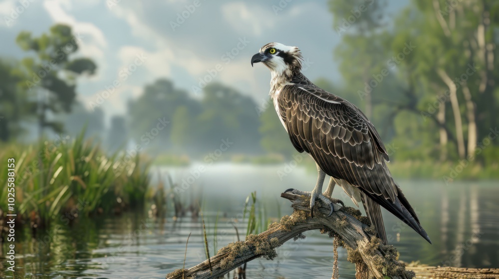 Osprey Perched on a Branch Over Foggy Water Osprey Perched on a Branch Over Foggy Water