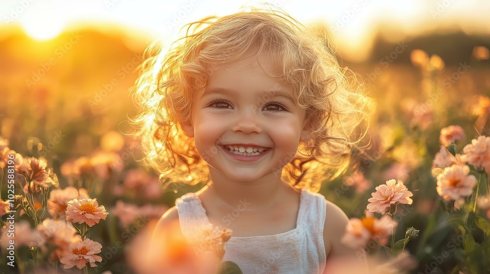 A joyful child smiles brightly in a sunlit flower field, capturing the essence of happiness and innocence in nature. A joyful child smiles brightly in a sunlit flower field, capturing the essence of happiness and innocence in nature.