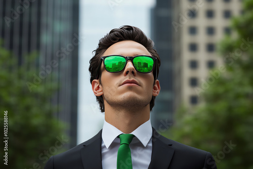 Hyperrealistic photo of a man in a suit, skyscraper reflecting in his sunglasses, raw and powerful image of achievement