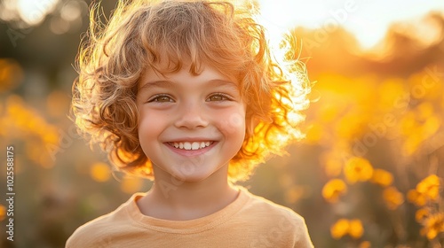 A happy child beams with joy in a bright sunlit field, capturing the essence of innocence and summer bliss.