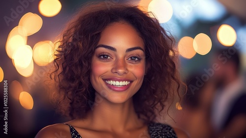 A joyful woman is immersed in conversation at a chic networking event while professionals connect in the background.