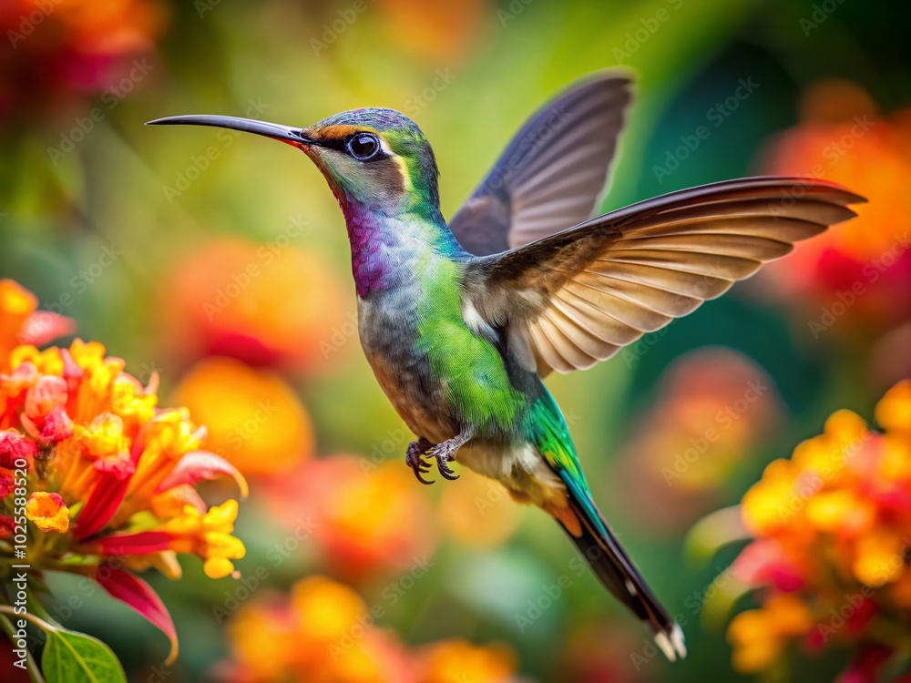 Fototapeta premium Graceful Long Beaked Hummingbird Hovering in Mid-Air Surrounded by Colorful Tropical Flowers