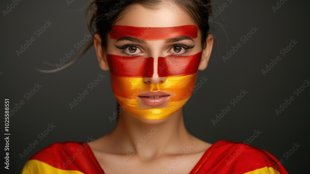 A womans face adorned with vibrant Spanish flag colors, showcasing her passion and patriotism for her national sports team. A womans face adorned with vibrant Spanish flag colors, showcasing her passion and patriotism for her national sports team.