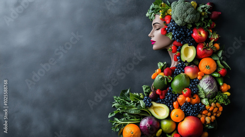 Human Body Made of Fresh Fruits and Vegetables Depicting Metabolism, Balanced Diet, and Health Care for a Fit Lifestyle photo
