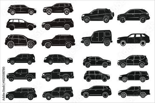 Vector car silhouettes collection. Vector illustrations of car silhouettes. Vehicles silhouettes vector art. Various types car vector silhouettes. Silhouettes of different types cars vector