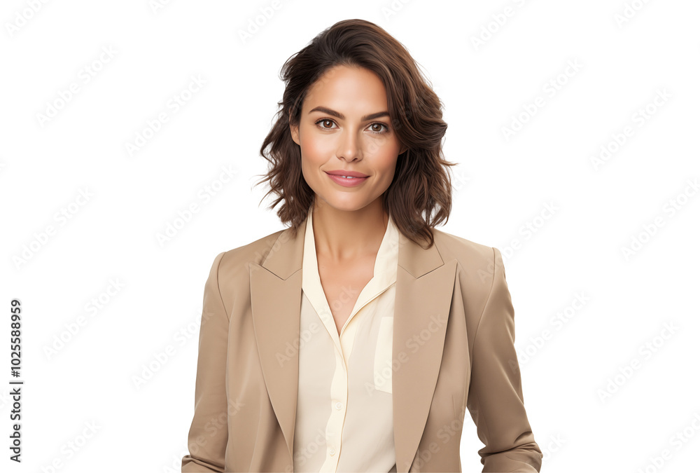 Confident professional in beige blazer poses for a business portrait against a light background Confident professional in beige blazer poses for a business portrait against a light background
