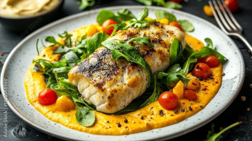 Grilled fish fillet with roasted vegetables and a creamy sauce, garnished with fresh herbs, on a white plate. Grilled fish fillet with roasted vegetables and a creamy sauce, garnished with fresh herbs, on a white plate.