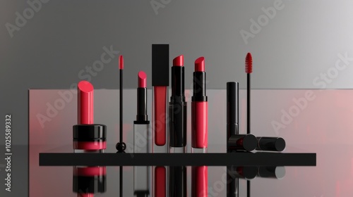 Red Lipstick and Makeup Products on a Black Shelf