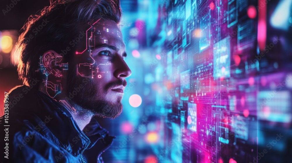A futuristic portrayal of a man interacting with digital data and technology. A futuristic portrayal of a man interacting with digital data and technology.