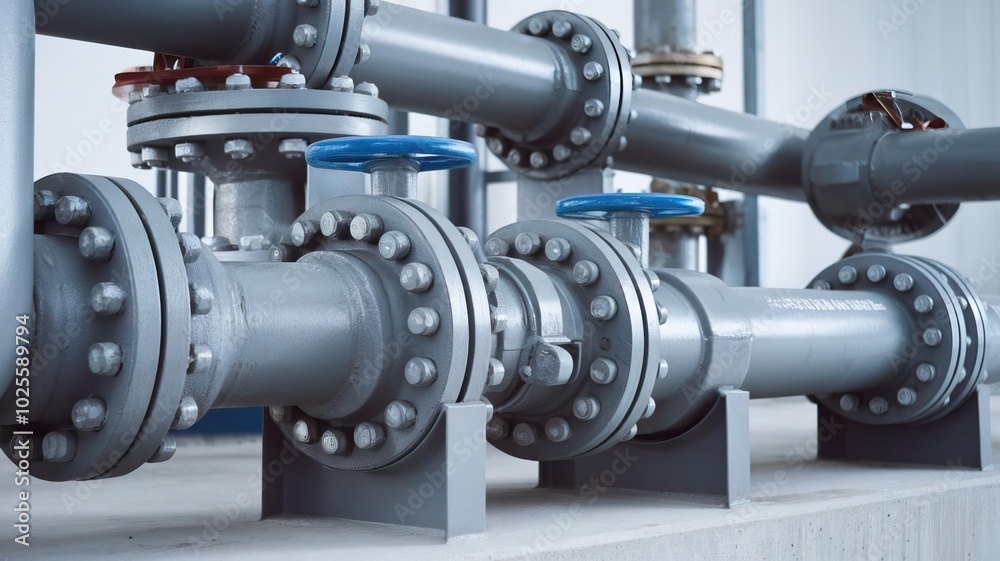 Industrial pipeline system with valves, grey metal, and industrial setting. Industrial pipeline system with valves, grey metal, and industrial setting.
