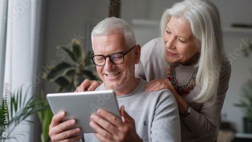 Elderly couple enjoying time together with a tablet, indoors with plants in background.