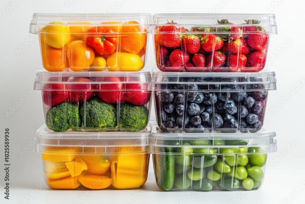 A stack of clear plastic containers filled with colorful fruits and vegetables, indicating modern convenience and the problem of plastic packaging A stack of clear plastic containers filled with colorful fruits and vegetables, indicating modern convenience and the problem of plastic packaging