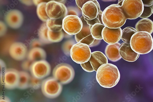 Microscopic Illustration of Staphylococcus Aureus: Close-Up of Clustered Spherical Bacteria