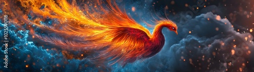 A vibrant phoenix emerges from cosmic flames, symbolizing rebirth and transformation against a celestial backdrop.