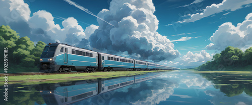 A train speeding through a serene landscape with dramatic towering clouds in the background.