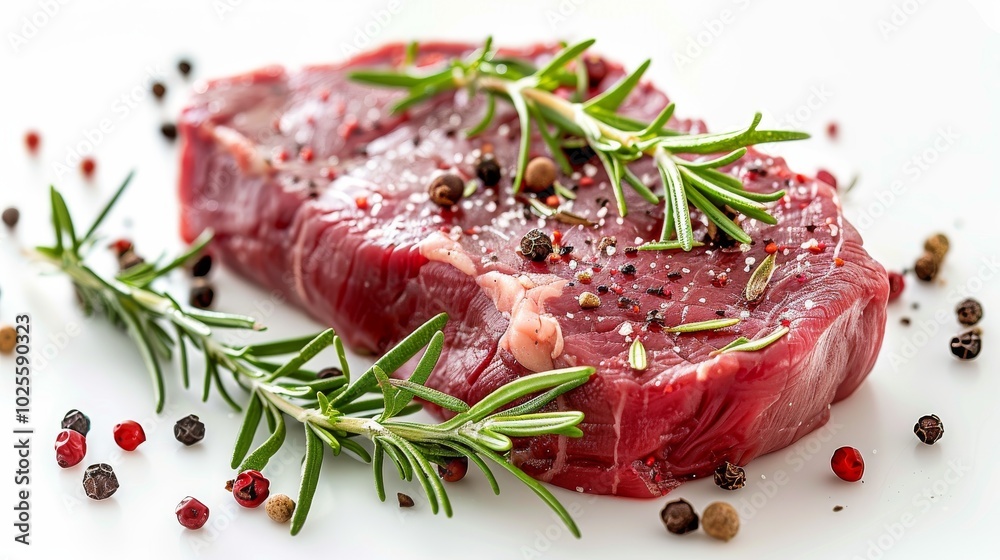 Raw beef steak with rosemary and peppercorns on white background. Raw beef steak with rosemary and peppercorns on white background.