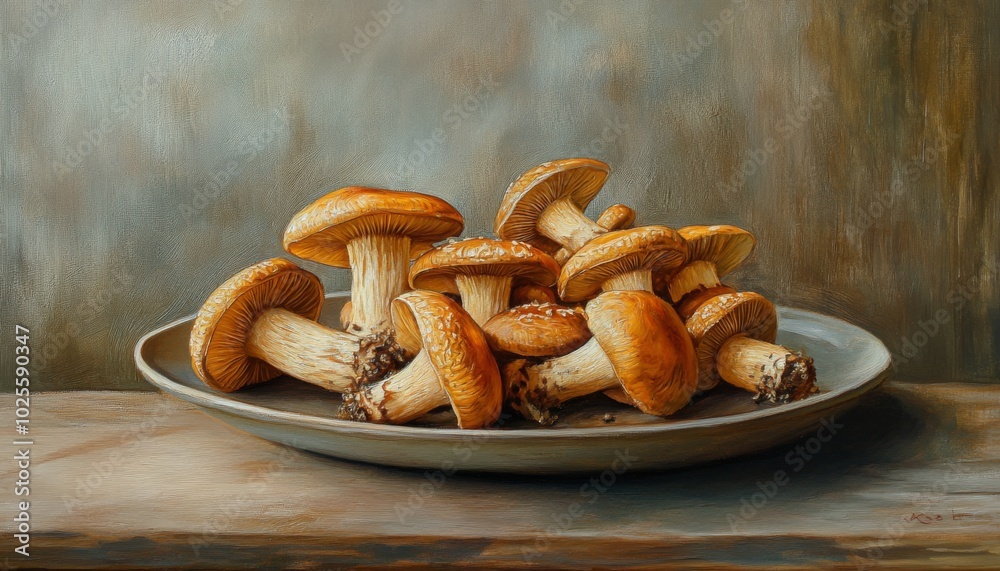 A still life of a plate of mushrooms on a wooden table. A still life of a plate of mushrooms on a wooden table.