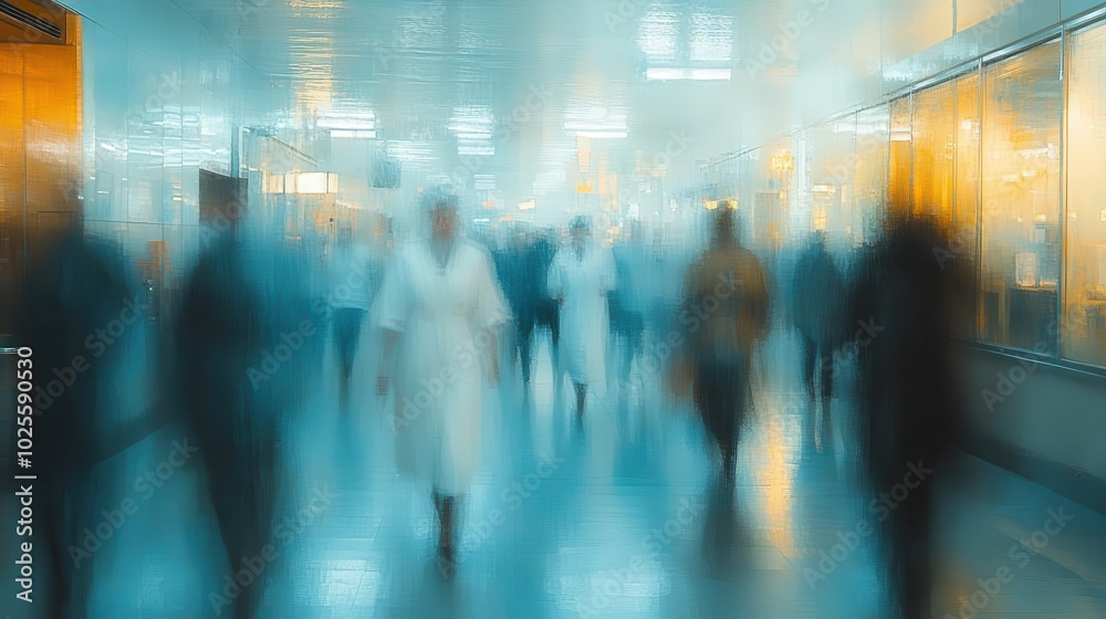 abstract blur of a medical clinic interior portraying a busy environment with nurses and doctors in motion the defocused elements suggest a sense of urgency and activity within a healthcare setting