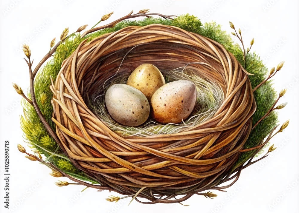 Hand-drawn birds nest clipart with eggs, perfect for nature-themed projects and educational materials