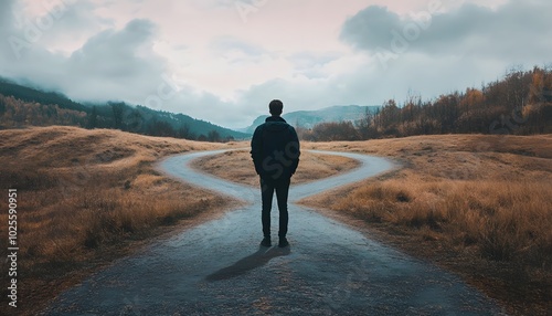 A person stands at a crossroads in a serene landscape, contemplating their direction amidst nature's beauty.