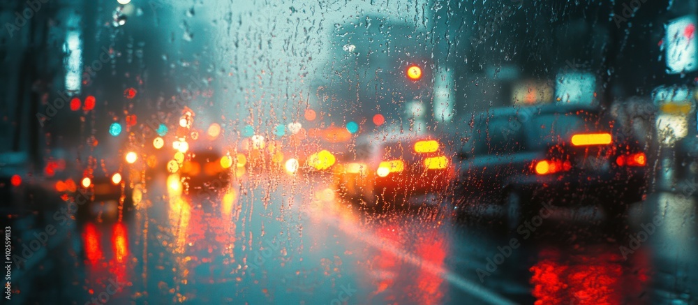 Fototapeta premium A view through a rain-streaked window of city traffic at night. Blurred city lights and car taillights are seen through the raindrops on the window.