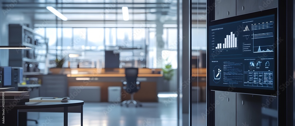 Modern office workspace featuring a digital screen displaying data analysis and business metrics in a bright environment. Modern office workspace featuring a digital screen displaying data analysis and business metrics in a bright environment.
