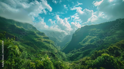 Lush Green Mountains and Cloudy Sky