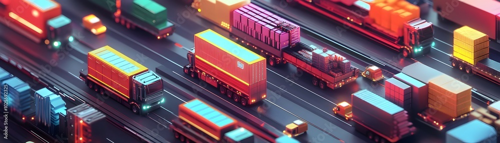 A vibrant aerial view of colorful trucks on a busy highway, showcasing the logistics and transportation industry in motion. A vibrant aerial view of colorful trucks on a busy highway, showcasing the logistics and transportation industry in motion.