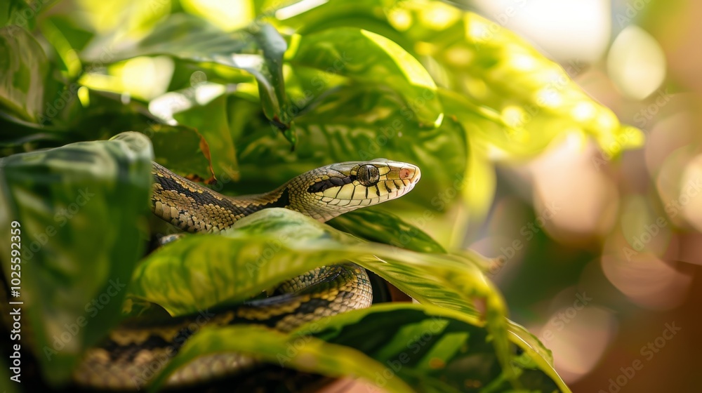 Naklejka premium Snake Coiled Around Green House Plant