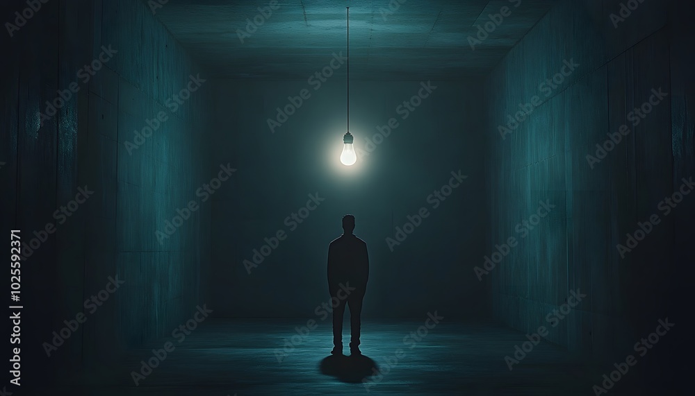 A solitary figure stands in a dimly lit room, creating an atmosphere of mystery and contemplation under a single hanging light. A solitary figure stands in a dimly lit room, creating an atmosphere of mystery and contemplation under a single hanging light.