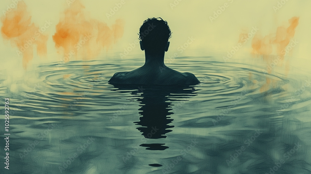A man swimming in the lake, a simple drawing for kids, a colored pencil sketch with simple shapes A man swimming in the lake, a simple drawing for kids, a colored pencil sketch with simple shapes