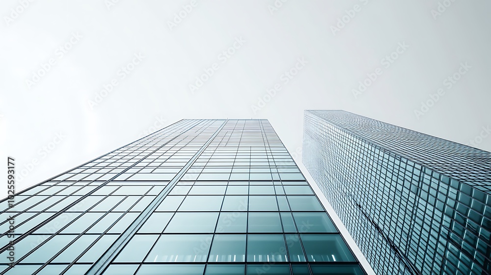 Fototapeta premium Two modern skyscrapers reach for the sky on a cloudy day.