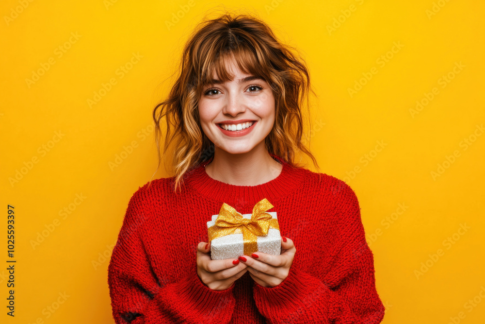 Woman in red sweater holds present box, smiling joyfully. Bright festive decorations in the background, setting a cheerful holiday mood. Woman in red sweater holds present box, smiling joyfully. Bright festive decorations in the background, setting a cheerful holiday mood.