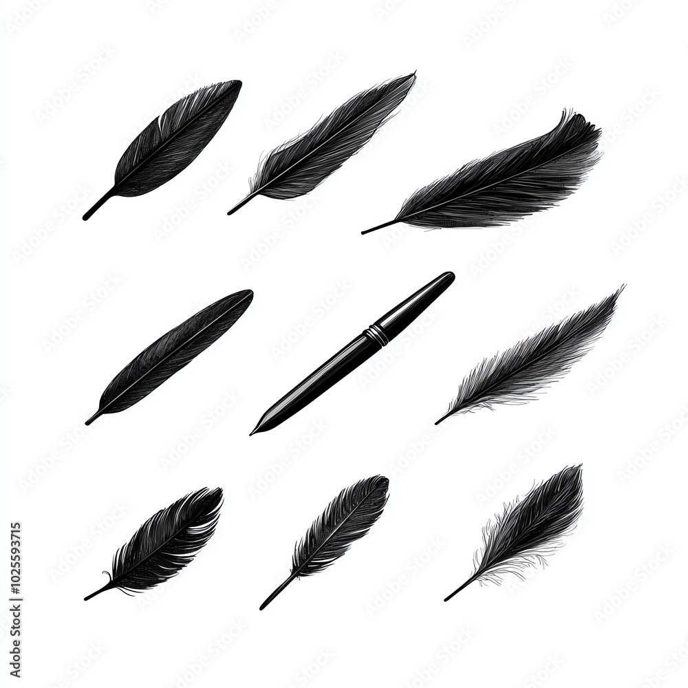 A collection of black feathers and a pen on a white background, perfect for creative design projects. A collection of black feathers and a pen on a white background, perfect for creative design projects.