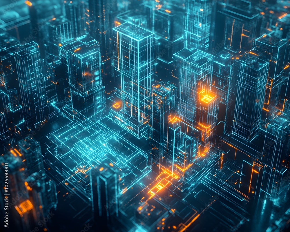 Futuristic cityscape with glowing buildings in vibrant blue and orange hues, showcasing advanced technology and urban design. Futuristic cityscape with glowing buildings in vibrant blue and orange hues, showcasing advanced technology and urban design.