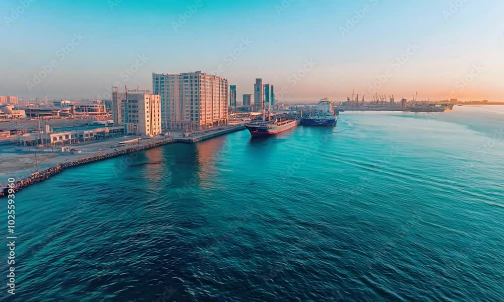 Aerial view of a seaport and industrial area in the port of Al Khalifa, Saudi Arabia. The harbor landscape with ships docked along the seacoast, with a mountainous background. Aerial view of a seaport and industrial area in the port of Al Khalifa, Saudi Arabia. The harbor landscape with ships docked along the seacoast, with a mountainous background.