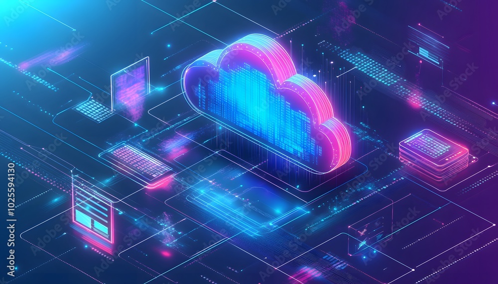 Colorful cloud computing illustration showcasing digital data transfer and storage with vibrant visual elements. Colorful cloud computing illustration showcasing digital data transfer and storage with vibrant visual elements.