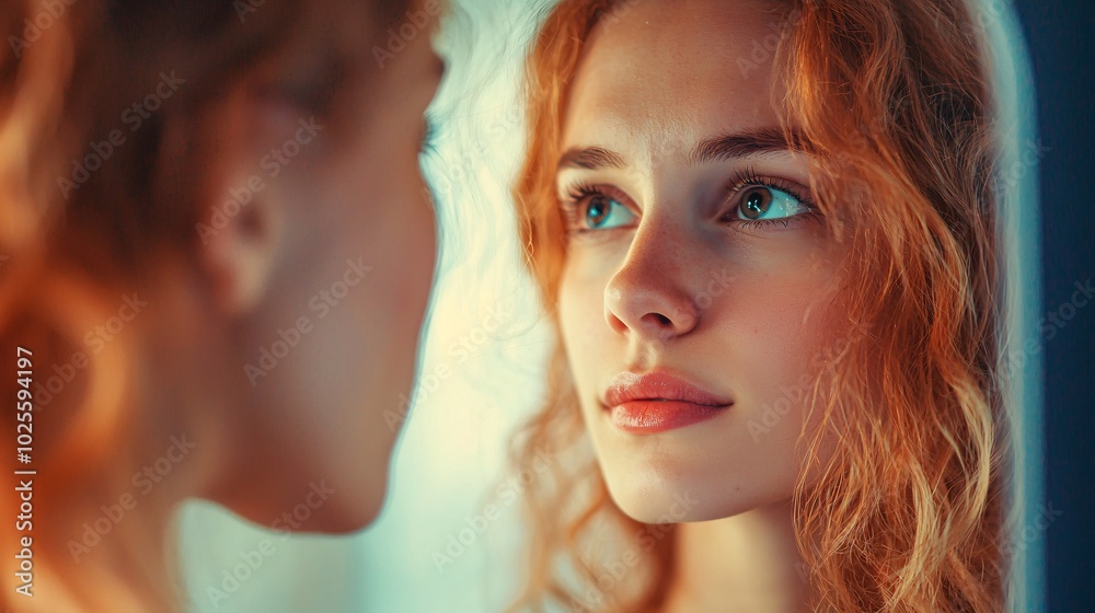 A young woman stares in confusion at a mirror that reveals a captivating yet misleading reflection of herself. A young woman stares in confusion at a mirror that reveals a captivating yet misleading reflection of herself.