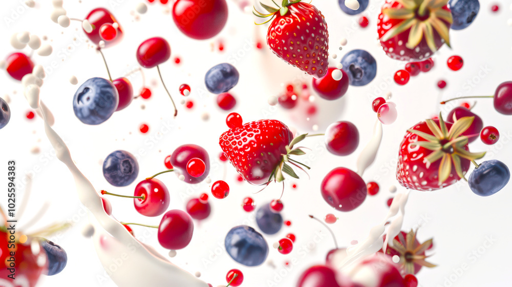 White splashes of sour cream are combined with strawberries, blueberries and cherries. Delicious and healthy berry yogurt. The concept of healthy eating. Milkshake with berries White splashes of sour cream are combined with strawberries, blueberries and cherries. Delicious and healthy berry yogurt. The concept of healthy eating. Milkshake with berries