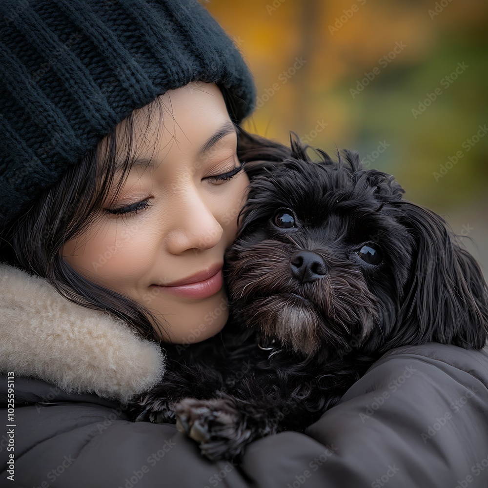 Woman in a beanie hugging a black dog. Woman in a beanie hugging a black dog.