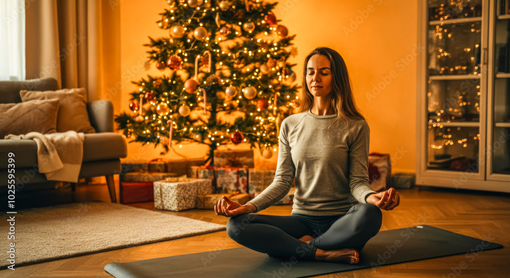 Holiday serenity: woman meditating by christmas tree Holiday serenity: woman meditating by christmas tree